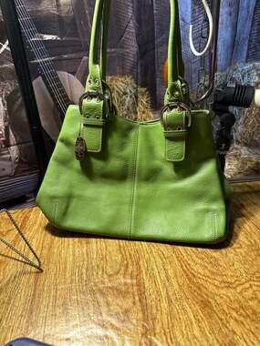 Tignanello Green Pebbled Leather Shoulder Bag with Silver Buckle Detail